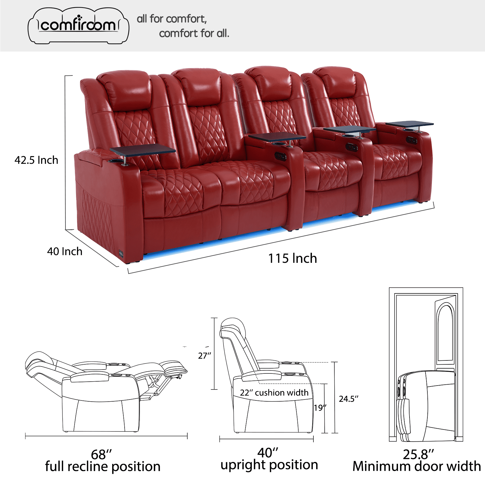 comfiroom Home Theater Seating Classic Series Top Grain Leather Recliner Chair Dual Power Electric Headrest Movie Gaming Sofa with Tray Table Type-C USB Charger (RED, Row of 4 Loveseat Left)