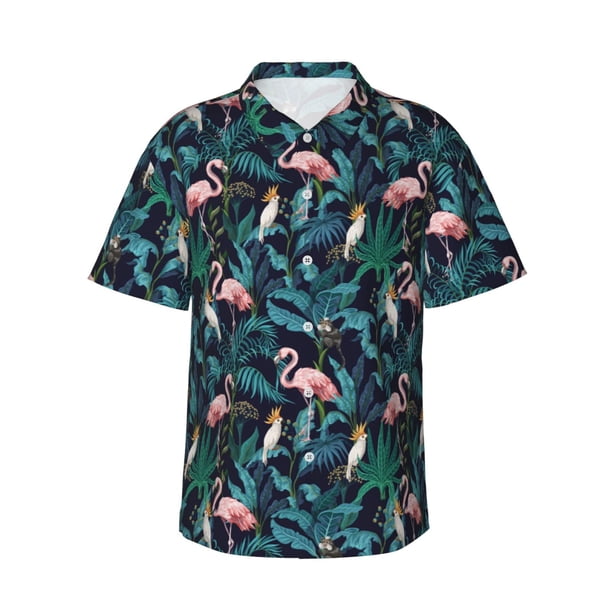 Fotbe Flamingos And Birds Camisa Hawaiana para Hombre Unisex – Camisa Casual de Verano con Botones de Manga Corta de Algodón y Lino,3X-Large