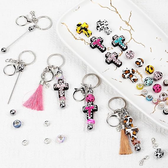 116PCS Beadable Keychain Kit with Jesus Cross Silicone Beads, Christian DIY Keychain Making Kit with Beadable Keychain Bars, Tassels & Clasps, Faith Craft Supplies for Church Groups, Women & Teens