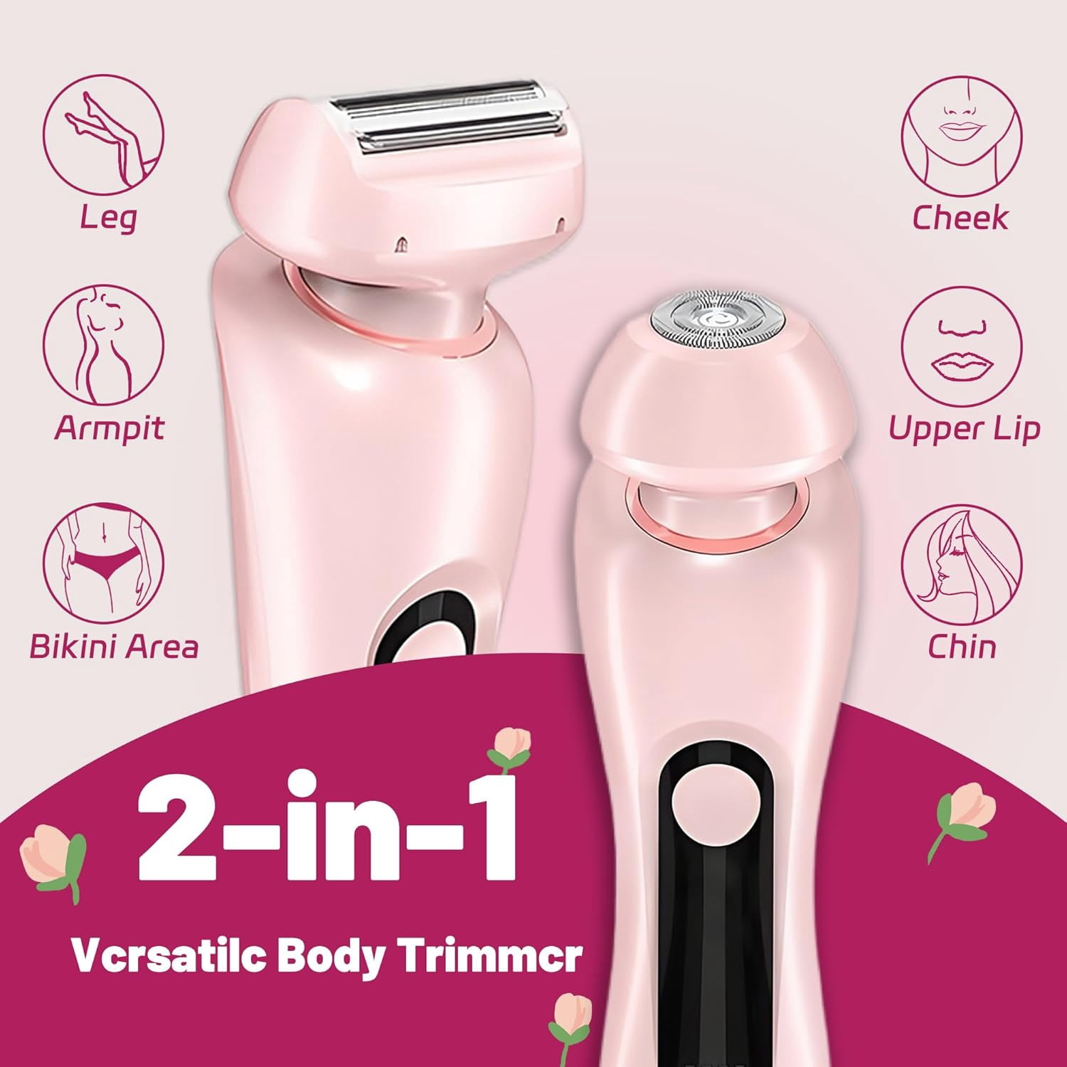 Electric Razor for Women, 2 in 1 Wet & Dry Painless Removal Shaver with Detachable Head, Base and LED Display, IPX7 Waterproof Long Battery Life Hair Removal for Underarm ArmBikini Legs Face (Pink)