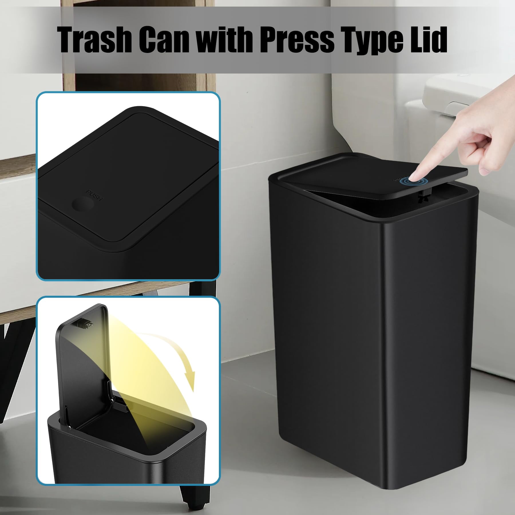 Bathroom Trash Can with Lid 10 Liter Slim Garbage Bin Small Waste Basket Pop-Up Lid for Kitchen Bedroom Living Room Office Black