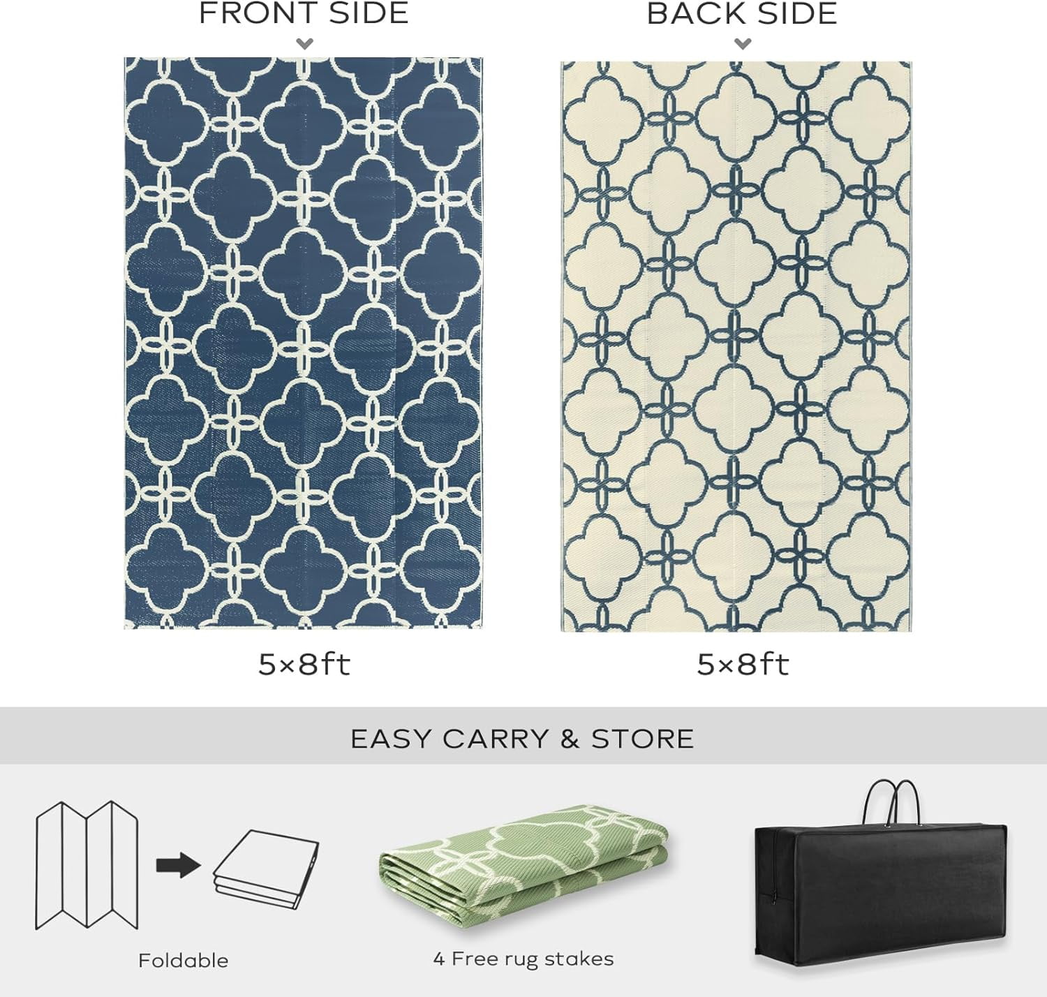 Waterproof Outdoor Patio Rug - Reversible Plastic Straw Camping Mat with Carrying Bag - Ideal for RV, Picnic, Backyard, Indoor Use - Durable & Easy-Clean Design, 9 x 12 ft, Blue, 1 Pack
