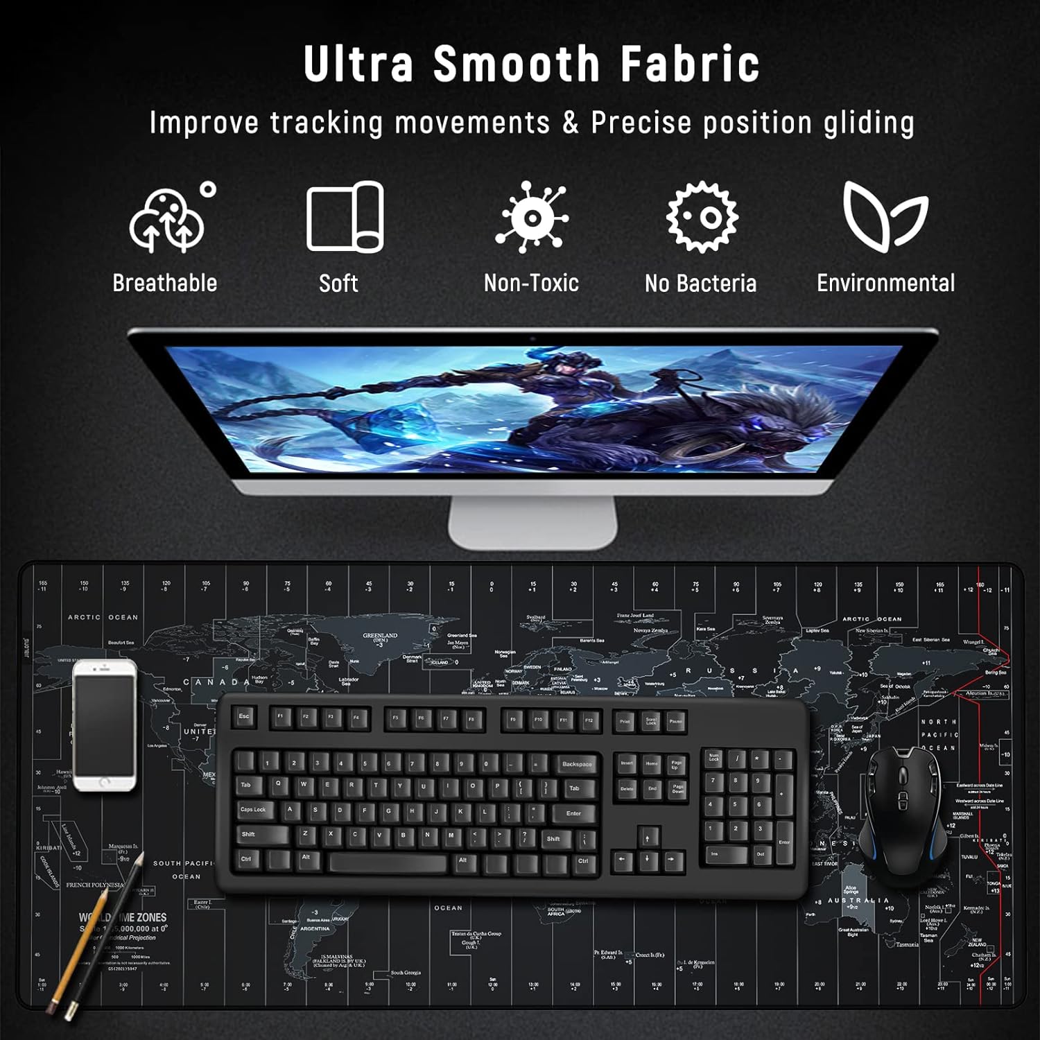 Large Gaming Mouse Pad with World Map, Extended Mousepad with Superior Micro-Weave Cloth, Comfortable Keyboard Pad, Desk Mat for Gamer Office Work Home, 35.4 x 15.7 inches Black