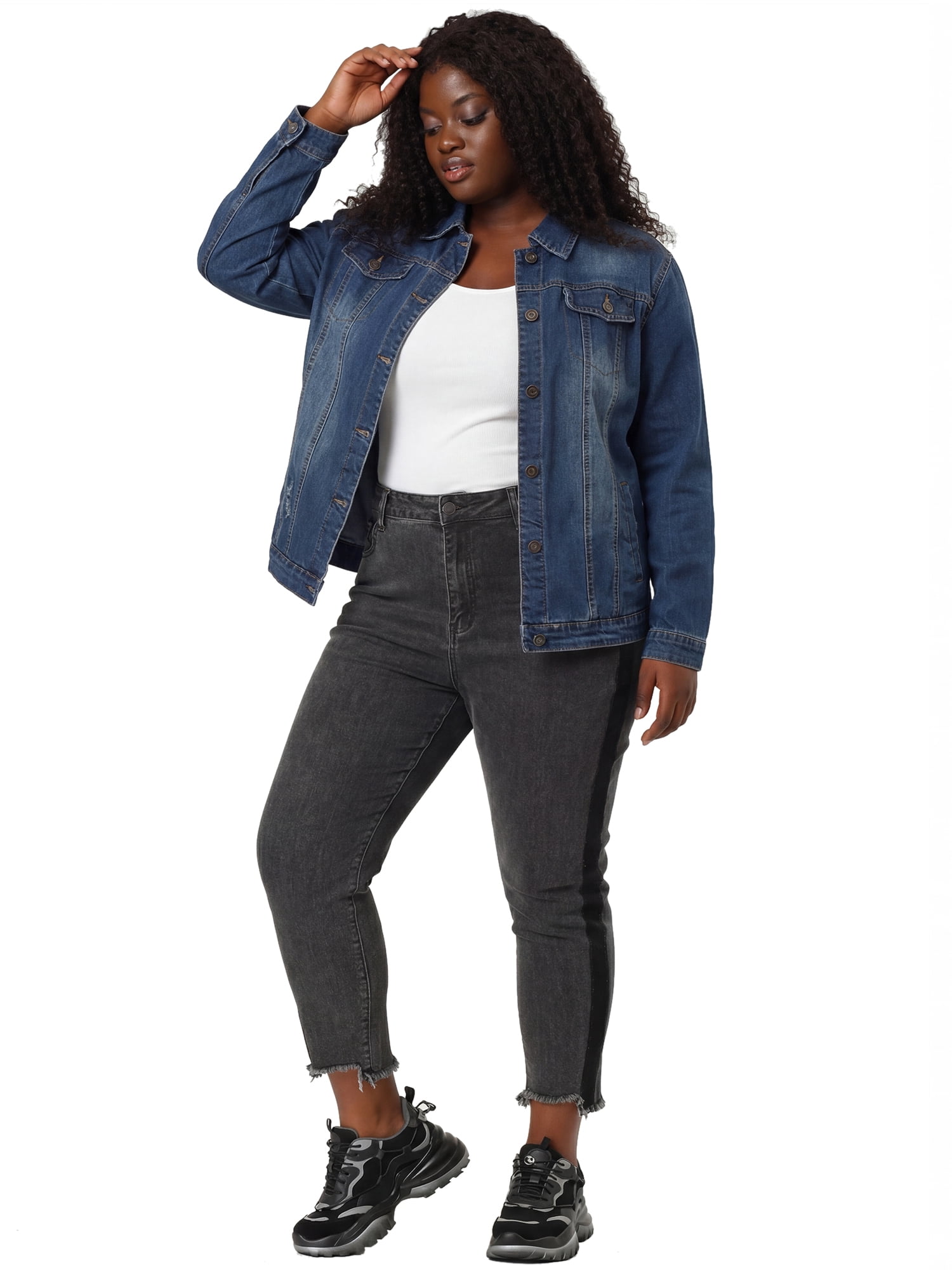 DARING DIVA Women's Plus Size Long Sleeve Button Front Washed Denim Jacket 6X Blue
