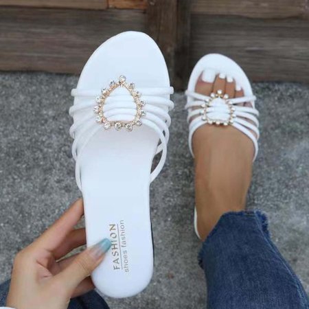

Dressy Sandals for Womens Summer Heels- Rhinestone Round Toe Dressy Casual Sandals White Size 4.5