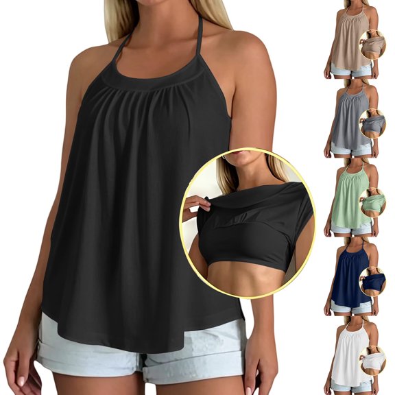 Tank Tops with Built in Bras for Women, Loose Fit Flowy Cami Top,M