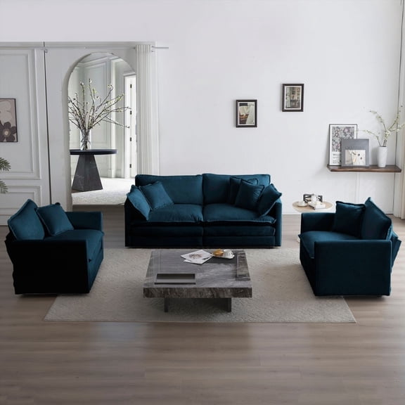 Modern Blue Chenille 3-Piece Sofa Set with Arm Pillows (220×80×75cm)