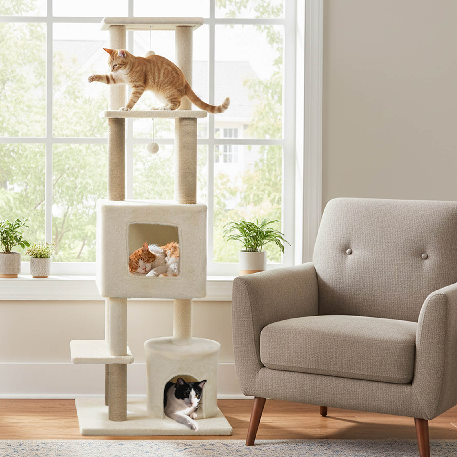 Costway 64” Tall Cat Tree with 2 Large Condos, Jute Scratching Posts, Plush Top Perch Beige