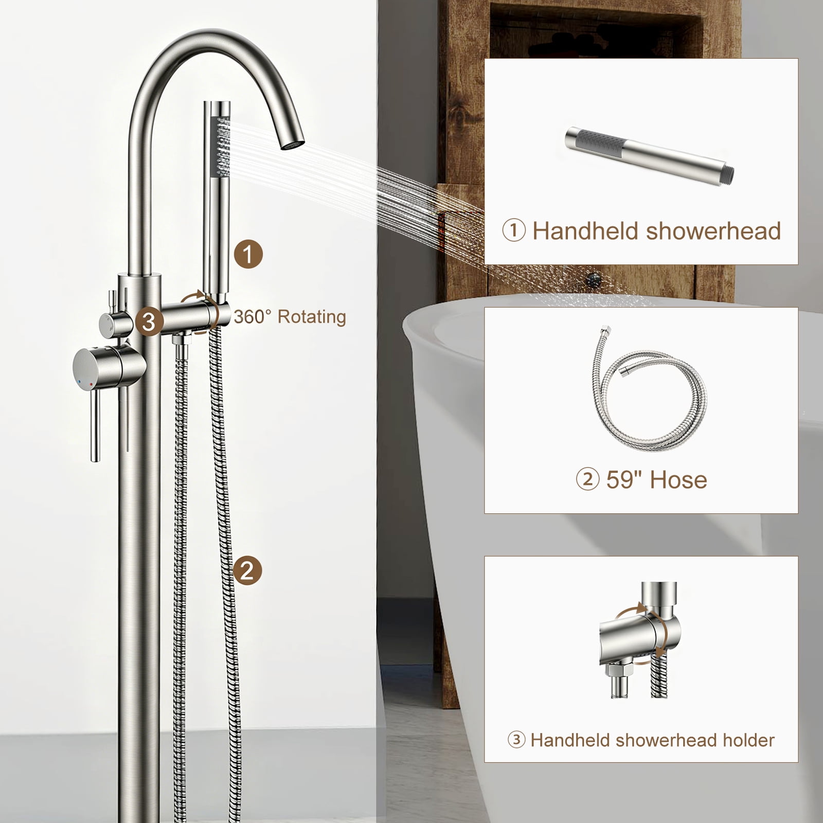 GT Freestanding Tub Faucet, High Flow Independent Free Standing Bathtub Faucet with Handheld Shower & Gooseneck Spout, 360°Swivel Tub Filler, Brass Body, Brushed Nickel