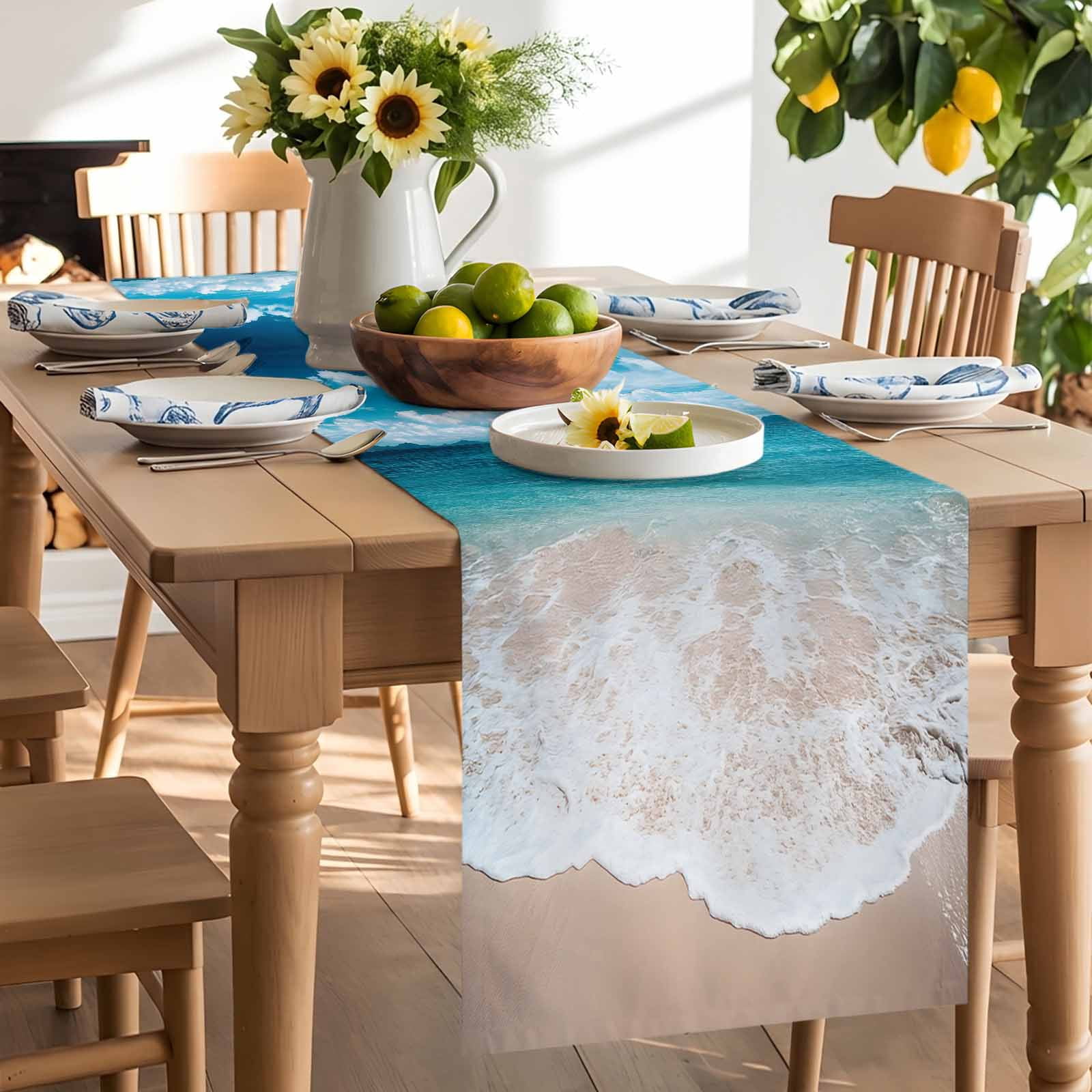 Turquoise Ocean Watercolor Beach Table Runner 90 Inches Long, Summer Seaside Blue Sky Table Runners Tabletop Scarf Kitchen Dining Tables Decoration for Home Party Indoor Outdoor