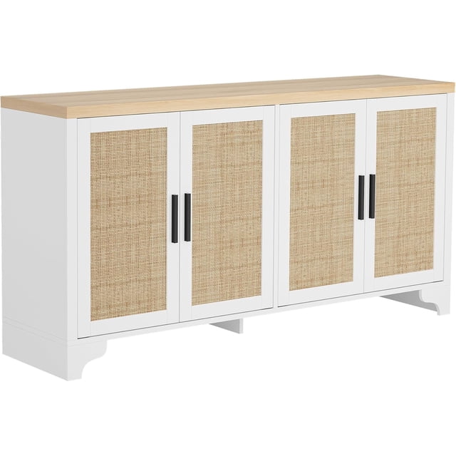 Bingirl Natural Rattan Sideboard Buffet Cabinet with Storage, Farmhouse Large Rattan Cabinet with 4 Doors, Wood Accent Coffee Bar Buffet Console Tables