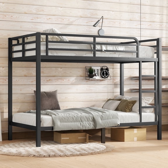 Morufur Twin XL over Twin XL Metal Bunk Bed with Ladder and Guardrail, Metal Bed Frame for Bedroom, No Spring Box Needed, Black