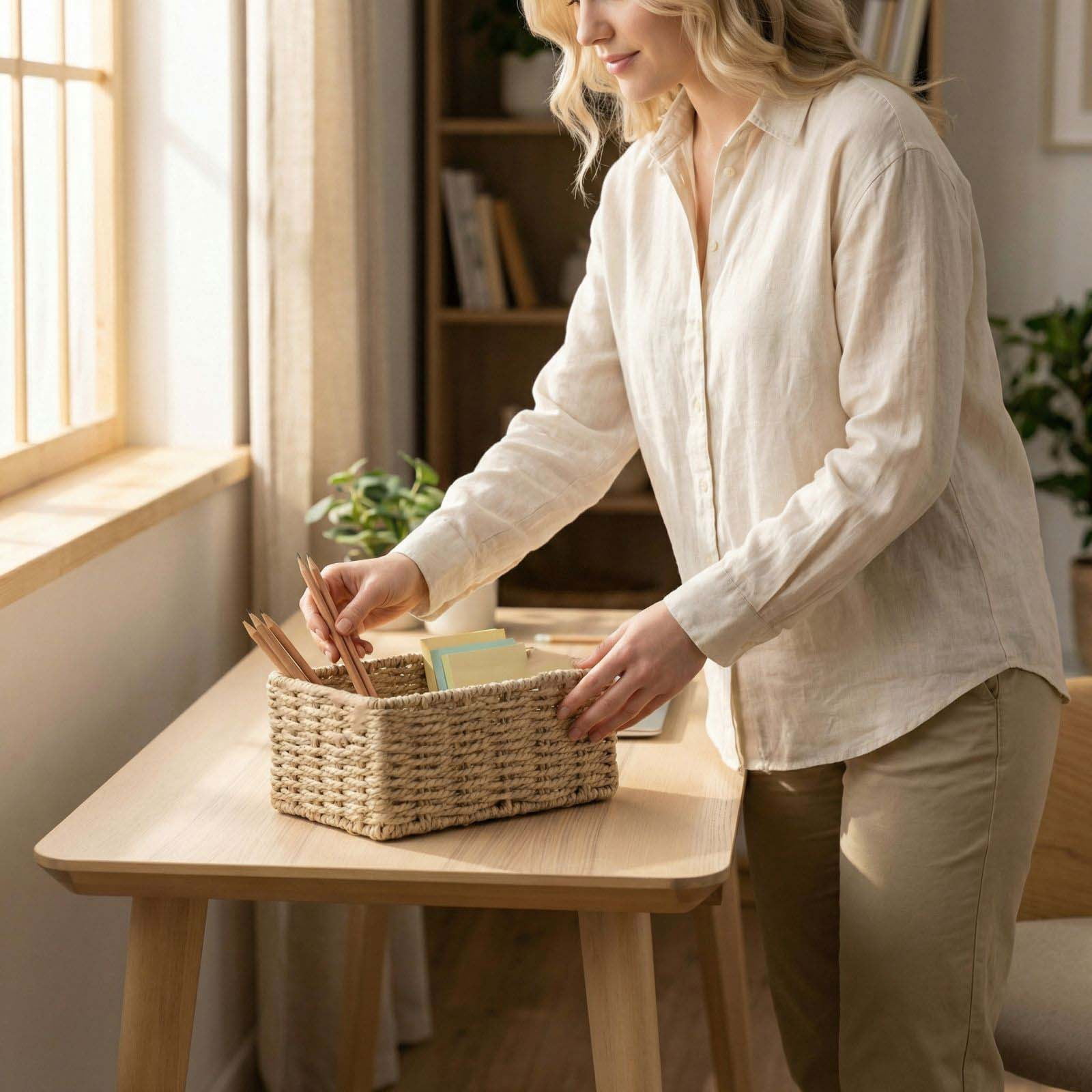 Rattan Storage Basket Lid Paper Rope Desktop Organizer Wicker Basket for Bedroom Sundries Organizer Stylish Woven Box