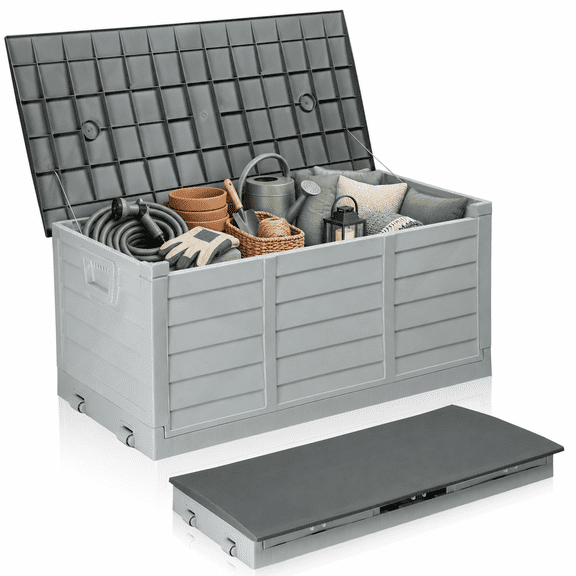 Ktaxon Collapsible 75gal Outdoor Garden Plastic Storage Deck Box Easy Set Up,Space Saving,New Generation of Upgraded Storage Container,Gray