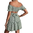 thumbnail image 3 of Women's 2 Piece Outfits Floral Off Shoulder Tie Up Crop Top & Ruffle Trim Mini Skater Skirt Set Puff Short Sleeve Elastic Waist Summer Casual Sexy Outfit for Beach Vacation Party and Dating, 3 of 6