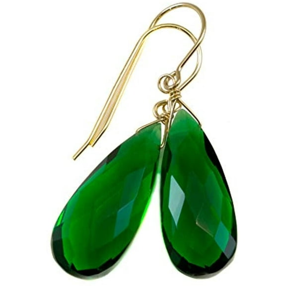14k Gold Filled Green Simulated Emerald Earrings Classic Faceted Teardrops Free Hanging Simple Dangles Designed for Adult Women