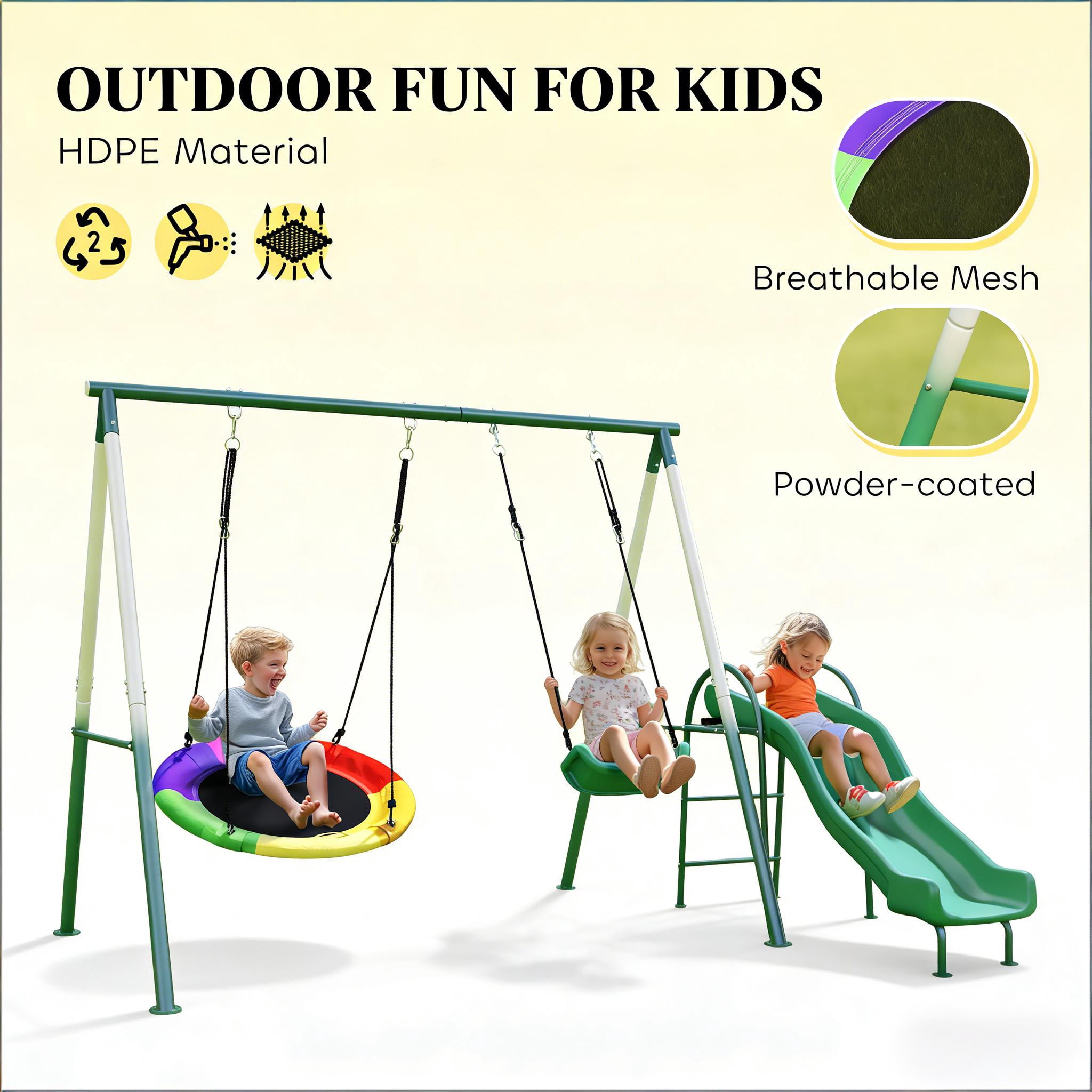 Kids Swing Set with Saucer Swing Seat Slide 265 lbs Capacity A-Frame Steel for Backyard Ages 3-8