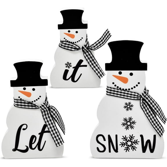 3 Christmas Snowman Wooden Table Decorations Centerpiece Block Holiday Wood White & Black Winter Snowmen Tiered Tray Tabletop Sign Decor for Office Dining Room Mantle Home Xmas Party Supplies