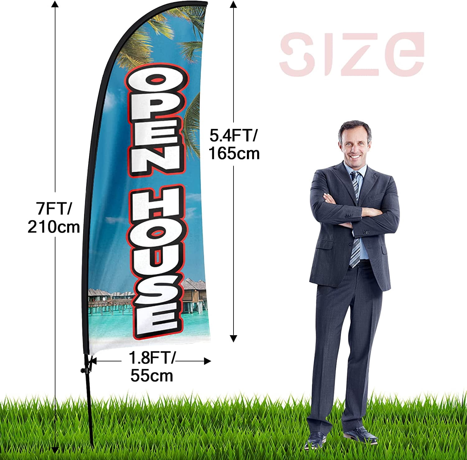 QSUM Open House Feather Flag with Flag Pole Kit and Ground Spike, 7Ft Tall Advertising Windless Open House Flag Sign for Outdoor Indoor Business