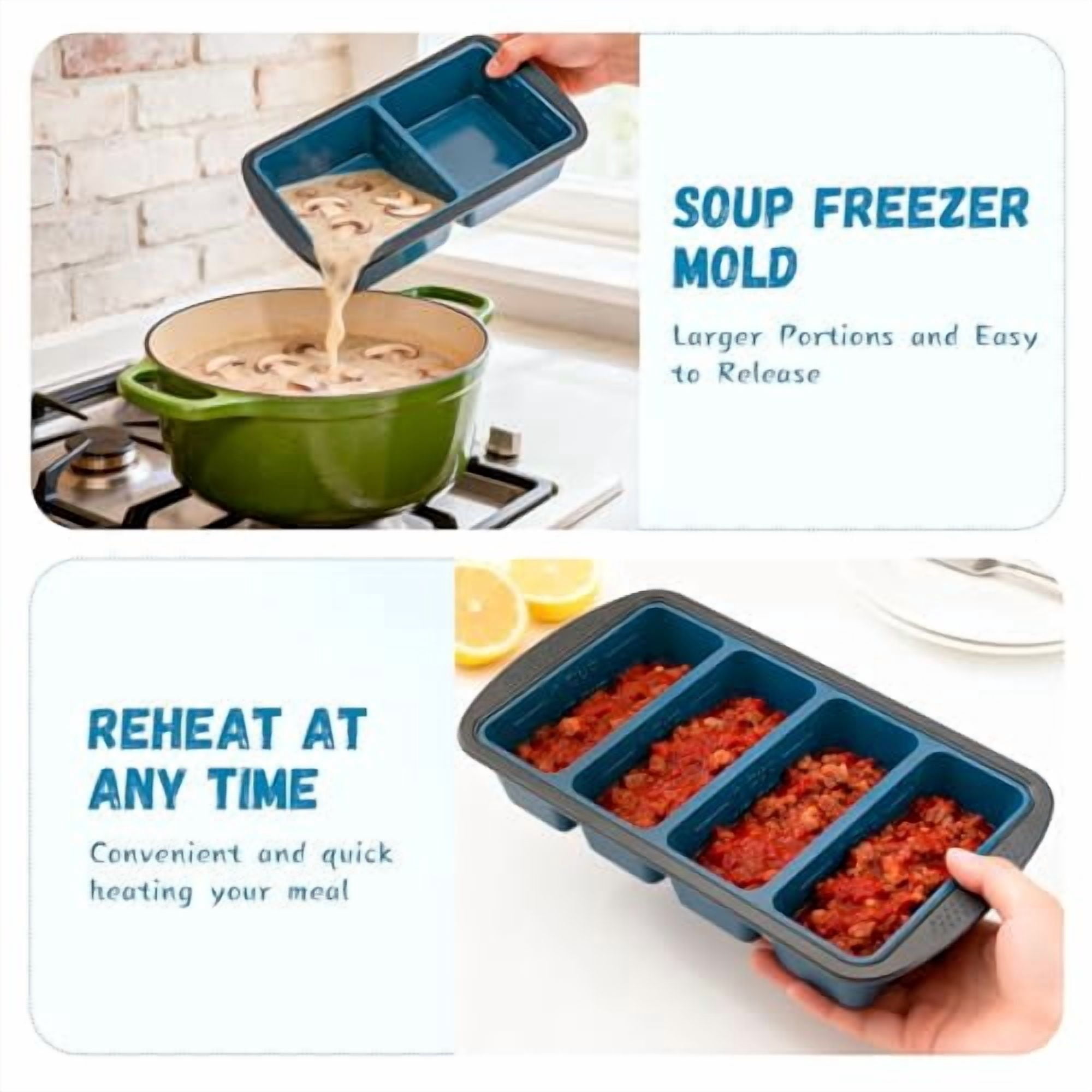 Jumbo Silicone Freezer Tray with Lid, 8 Large 1-Cup Soup Freezer Molds, Meal Prep Soup Containers, Ice Cube Tray for Storing Leftovers, Sauces, Lasagna, 2-Pack