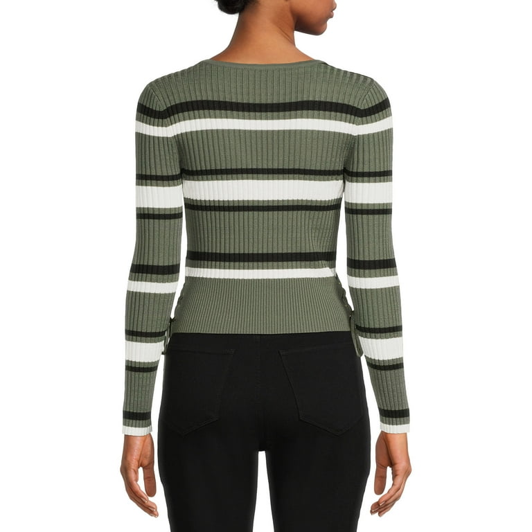 No Boundaries Juniors Stripe V-Neck Sweater Lace-Up Detail