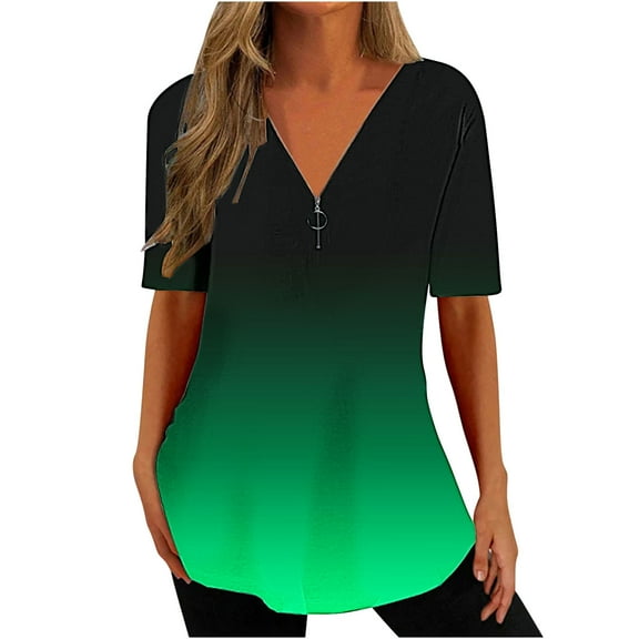 Raeneomay Oversized T Shirts for Women Casual Tops Women's Fshion Gradient Print Funny Casual Zipper Short Sleeve Tops Blouse