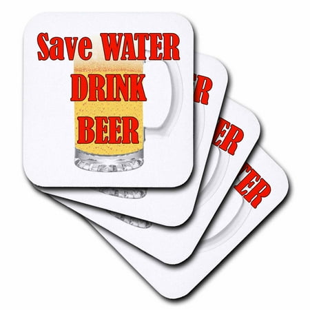

3dRose Save water drink beer. Beer mug. White and red Soft Coasters set of 8
