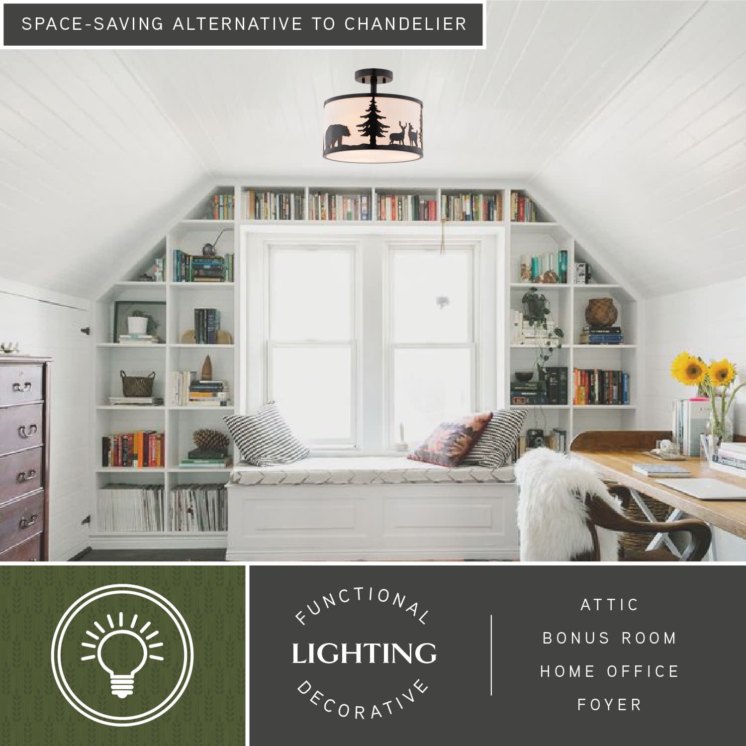 Acadia 13-in W Bronze Rustic Semi Flush Mount Ceiling Light White Linen Deer Tree