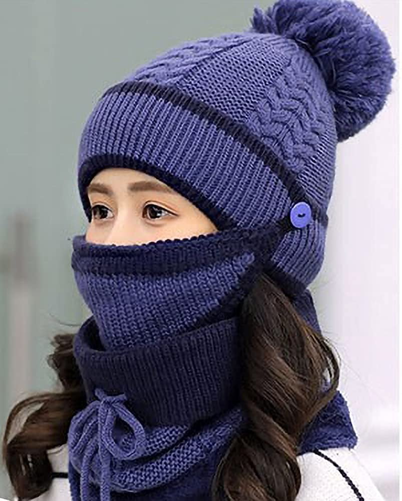 Fleece Lined Knit Beanie, Scarf & Mask Set For Women - Winter Hat With Pom Pom (Caramel)