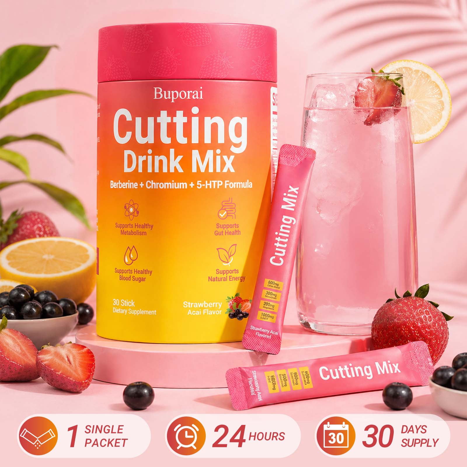 Cutting Drink Mix - with Berberine, 5-HTP, Yerba Mate & Magnesium - Healthy Weight Management & Gut Health - Vegan, Sugar-Free - 30 Packs