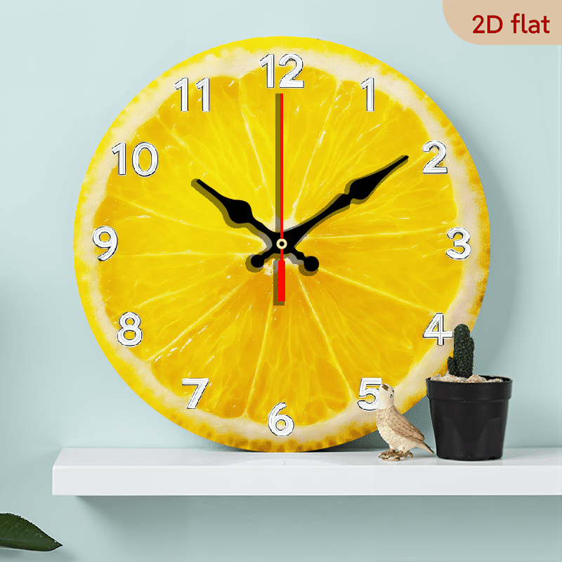 2D Flat 1pc 10Inch Wooden Silent Lemon Slice Wall Clock Modern Round Wooden Design Vibrant Citrus Theme Quartz Movement Battery-Powered, Non-Ticking Ideal for Living Room, Bedroom, Kitchen, Office