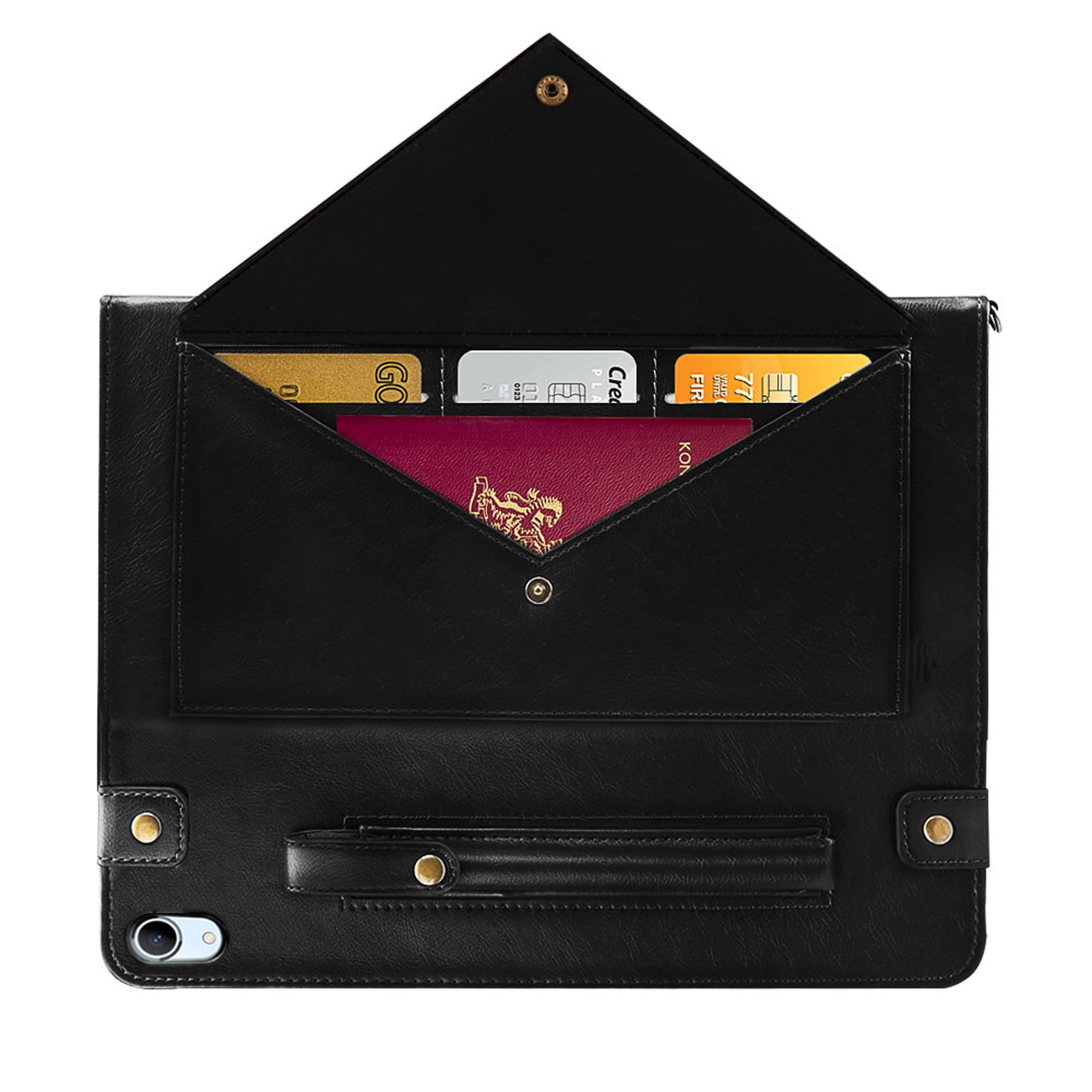 for iPad (A16) 11th Gen 2025 / iPad 10th Gen 10.9" 2022 PU Leather Case, with Pencil Holder, Money Pocket, Shoulder/Hand Strap, Card Slots Kickstand Flip Cover, Full Body Protection, Black