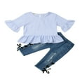 thumbnail image 1 of Baby Girls Striped Blue Half Sleeves Tops Shirt Ripped Denim Pants Jeans Outfit, 1 of 6
