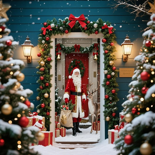 Rideau de Porte de Noël Extérieur Photo Suspendu Tissu Père Noël et Chiot Rideau d'Entrée des Fêtes Drapeau Décoratif Polyester Saisonnier Toile de Fond de Porte Résistant aux Intempéries Installation Facile Extérieur Intérieur