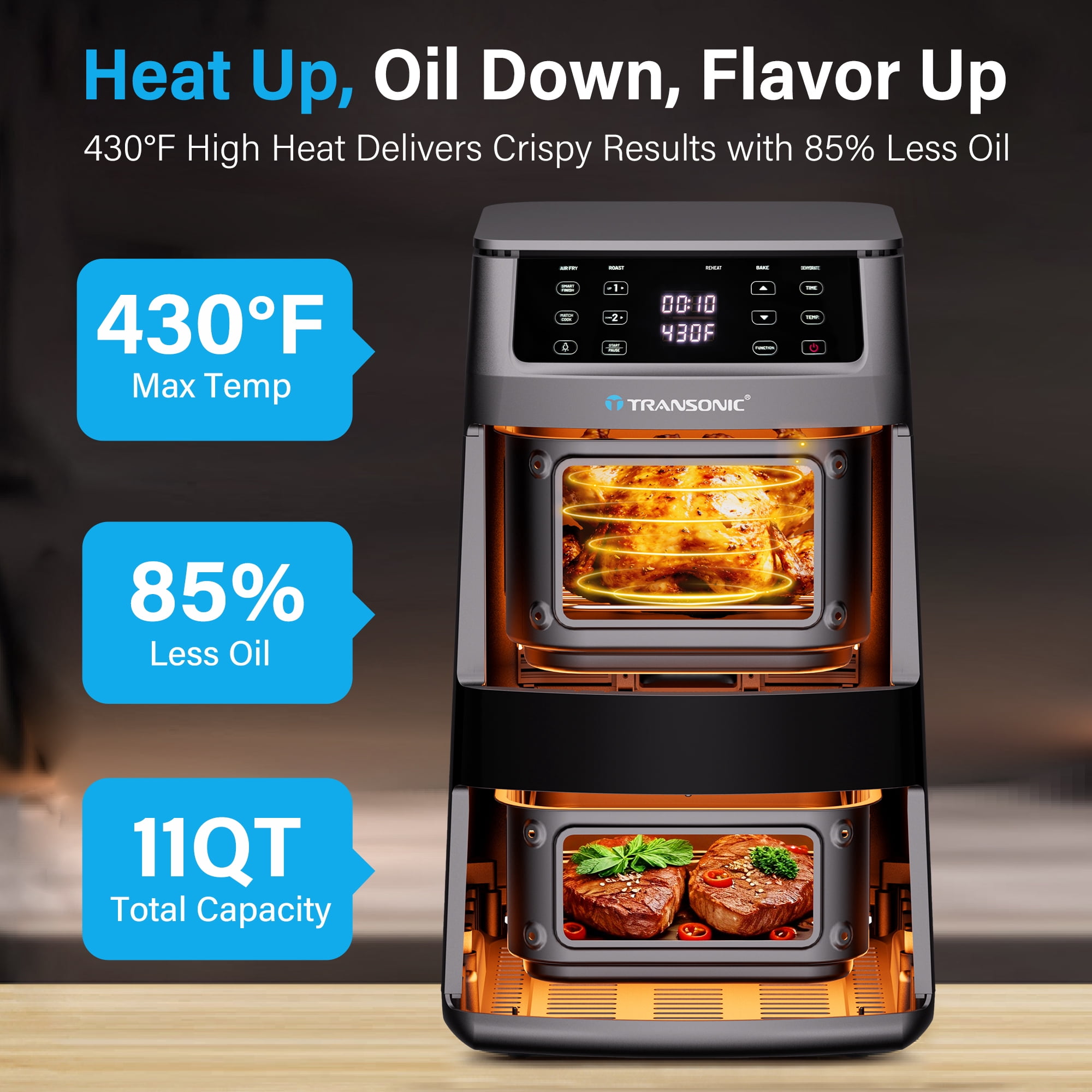 Transonic 11QT Air Fryer Dual Vertical Basket Design (Deep Top & Long Bottom) for Whole Chicken & Ribs, 430°F High-Heat Broil, 360° Rapid Circulation, 6 in 1 Preset Function, Family Meals, BPA Free