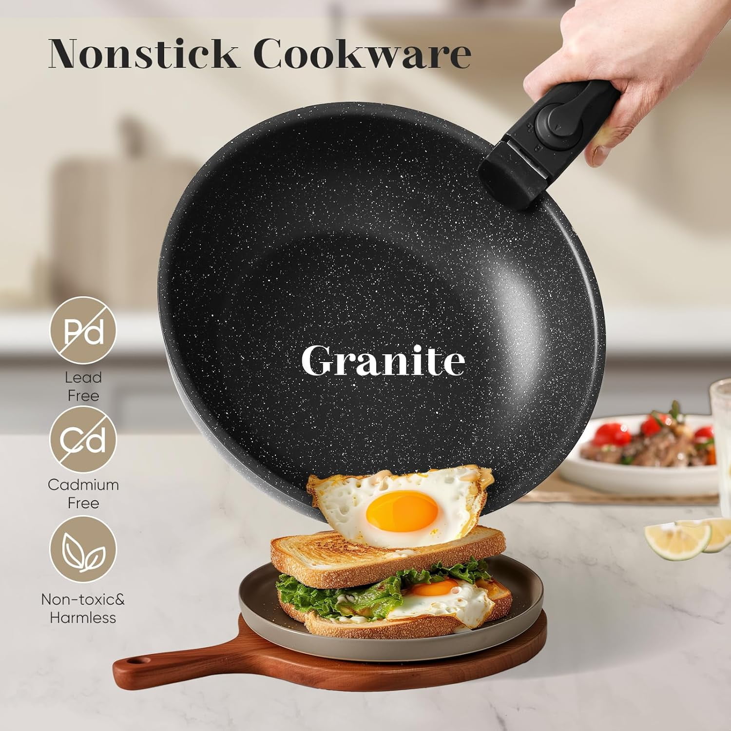 12-Piece Nonstick Pots and Pans Set, Stackable Kitchen Cookware Sets with Removable Handle, Induction Compatible, Black