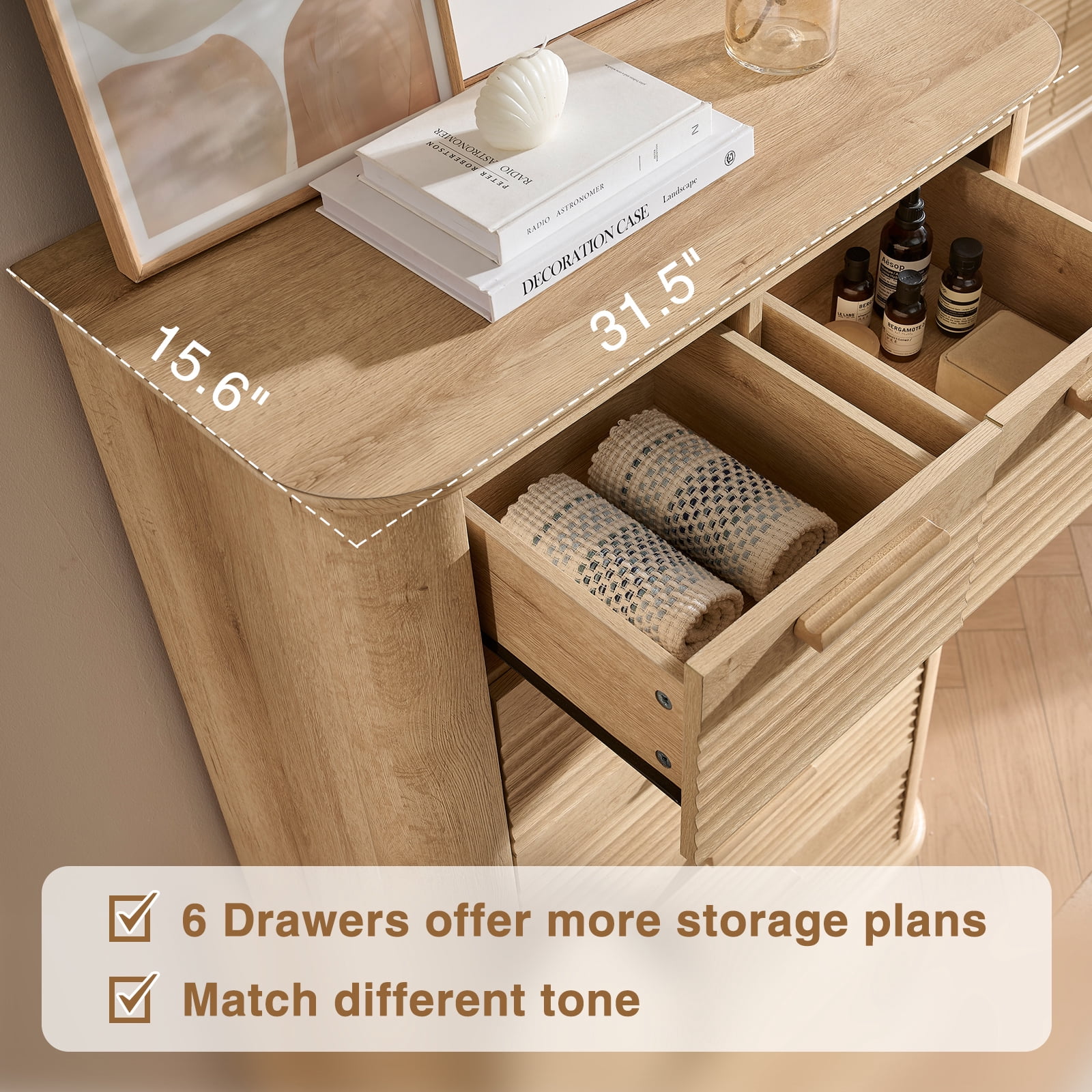 Hommoo 6 Drawers Dresser Storage Organizer, Modern 45" Tall Dresser with Curved Profile Design, Wood Fluted Drawer Chest for Living Room, Oak