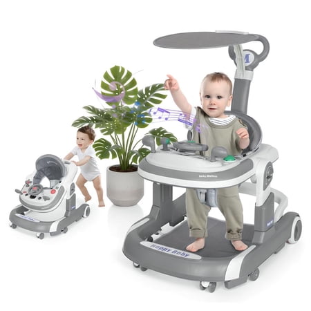 LUOLUO 5-in-1 Foldable Baby Walker with Foot Pads/Handles for Boys and Girls 6-24 Months Gray