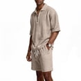 thumbnail image 6 of Havenx Men's 2 Piece Waffle Knit Outfit Short Sleeve Quarter Zip Polo Shirt and Shorts with Pockets Textured Drawstring Set Loose Athletic Summer Travel Lounge Sweatsuit Outfits,Khaki XL, 6 of 6