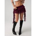 thumbnail image 2 of Maroon Lace Tiered Ruffle Asymmetrical Mini Skirt With Built-In Shorts, 2 of 30