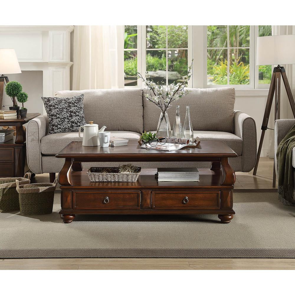 ACME Amado Rectangular 4-Drawer Wooden Coffee Table with Open Shelf in Walnut