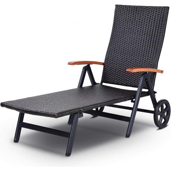 Casart Rattan Folding Recliner, Adjustable Aluminum Lounger Chair with Wheels, Great for Patio, Lawn and Poolside