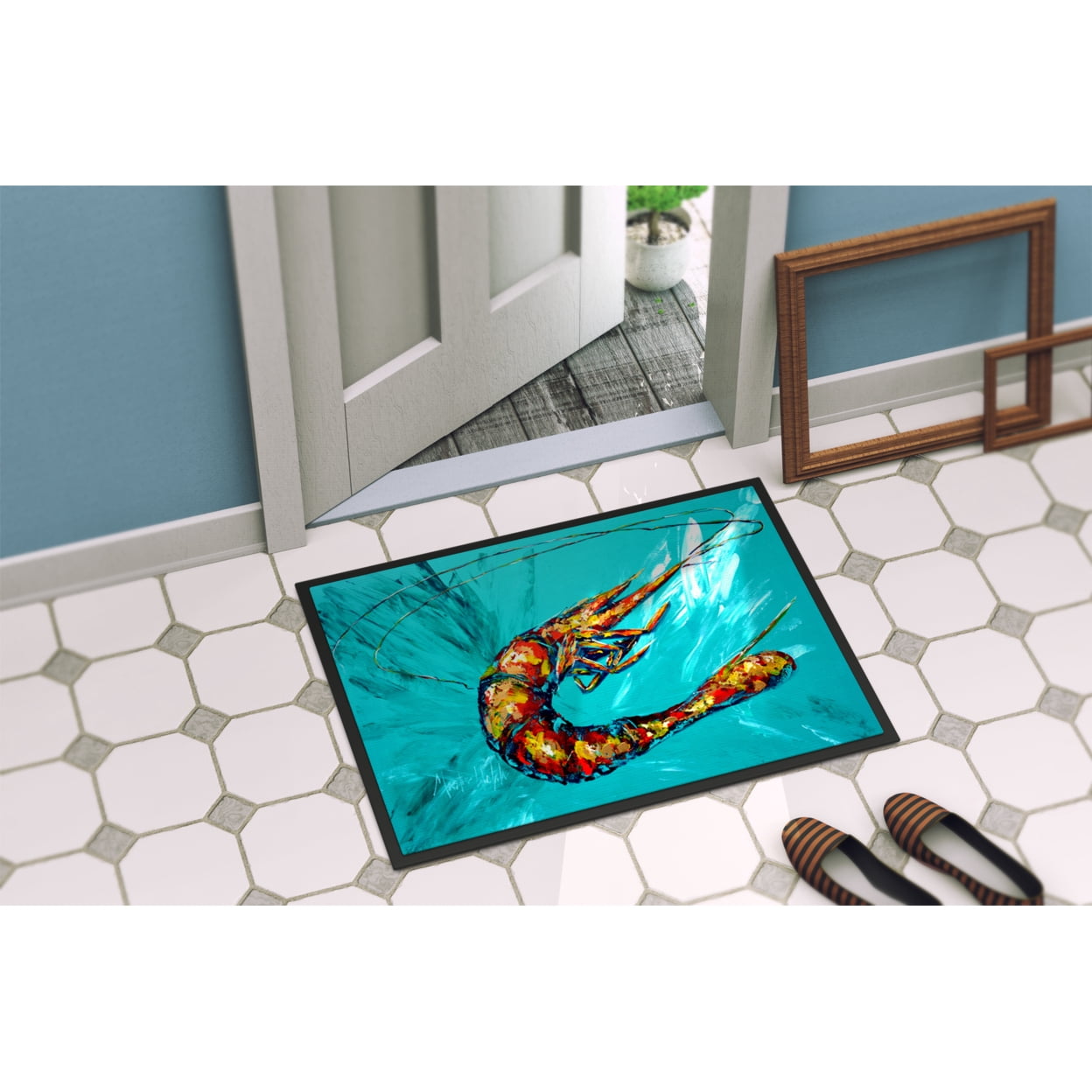 Carolines Treasures MW1100JMAT Shrimp Teal Shrimp Door Mat Indoor Rug or Outdoor Welcome Mat 24x36 Doormat 24H X 36W