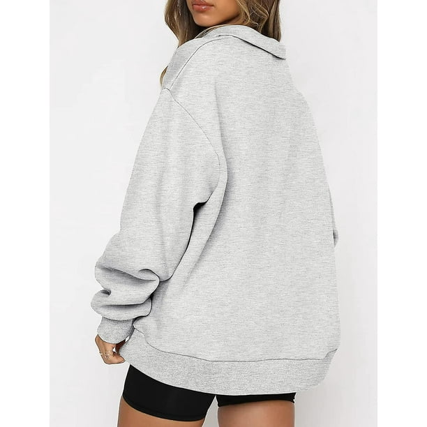 Womens Oversized Half Zip Long Sleeve Sweatshirt Solid Color Quarter Zipper  Trendy Teen Girls Drop Shoulder Pullover Light Grey