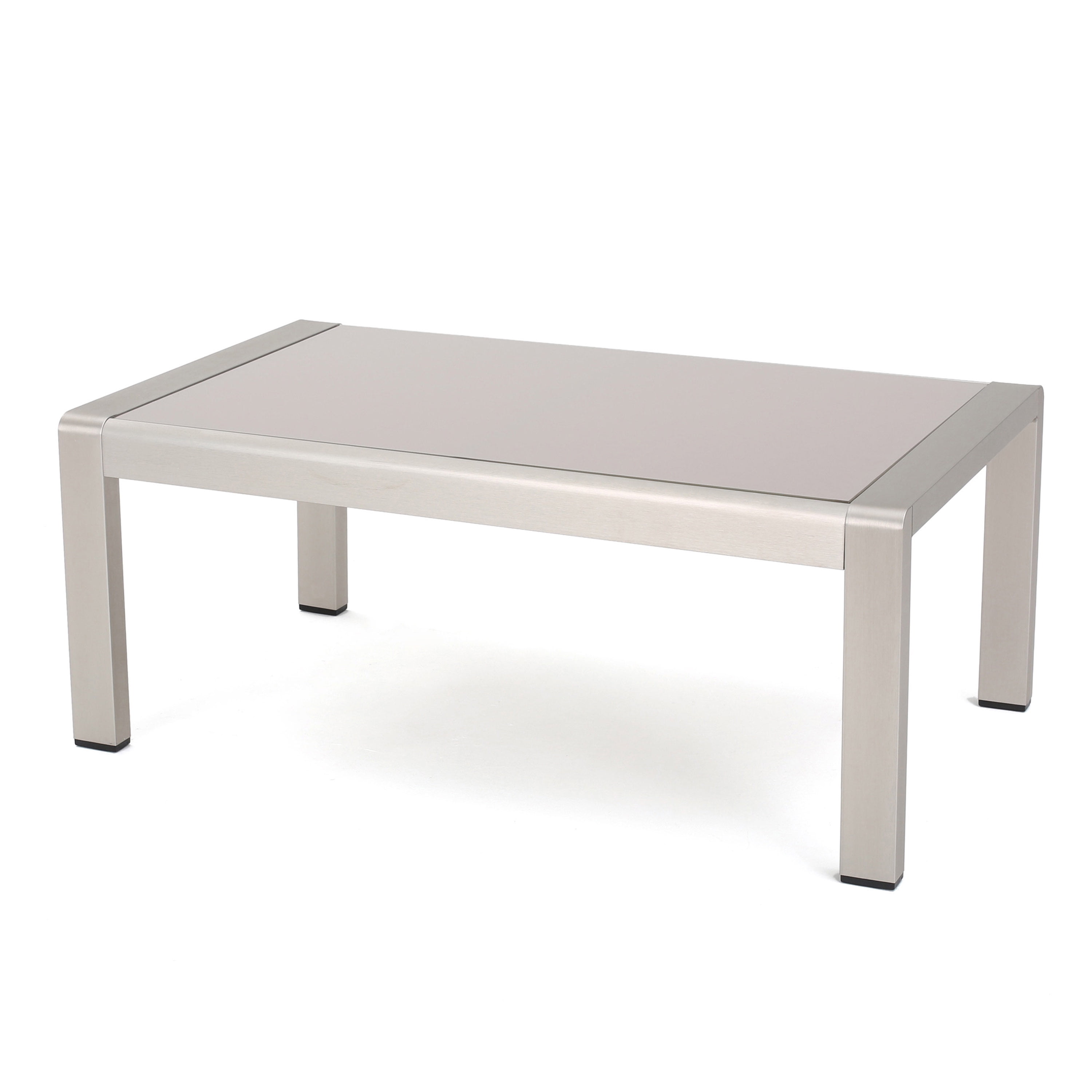 Doris Outdoor Aluminum Loveseat and Coffee Table Set with Cushions, Silver, Khaki
