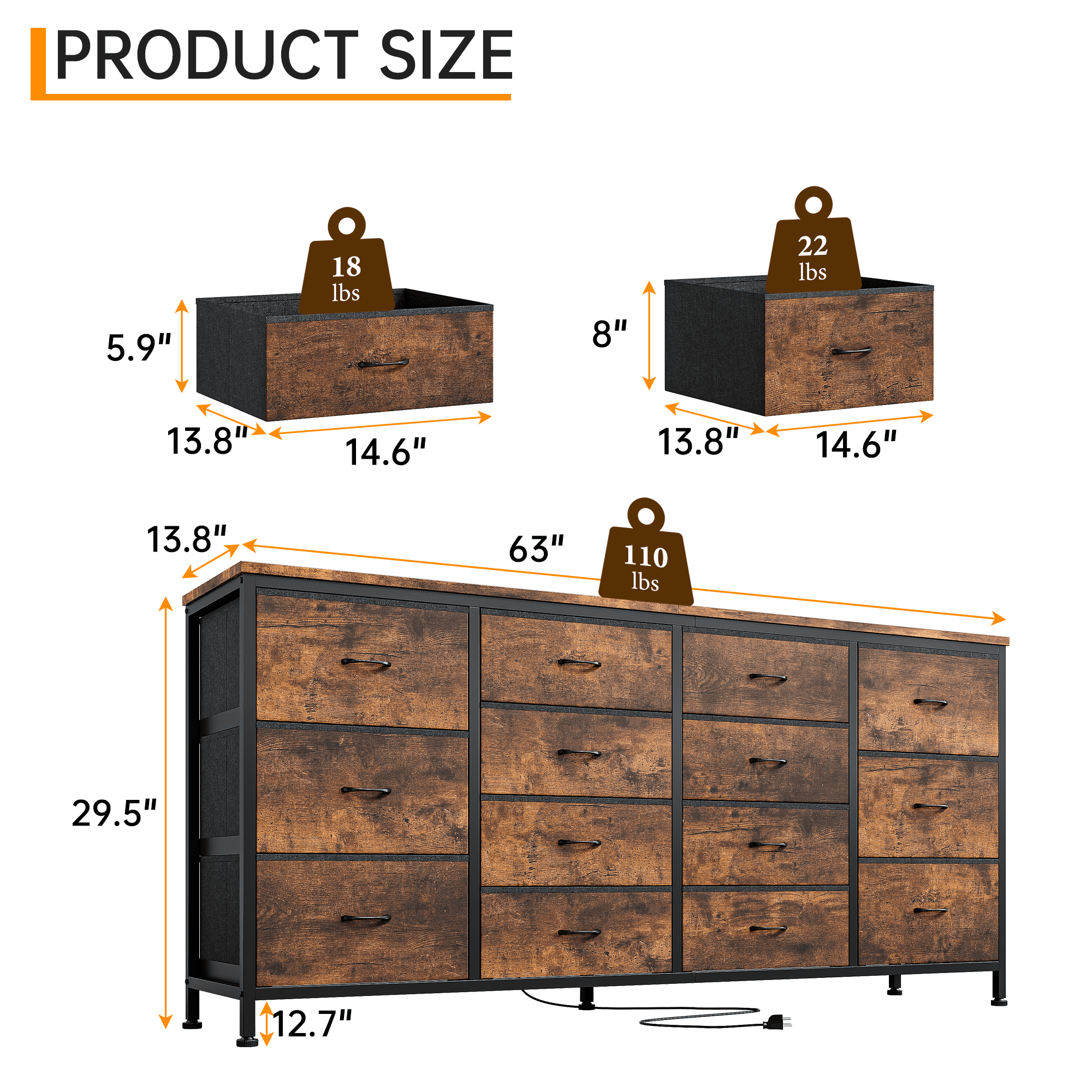 PIONEERWORKS 14-Drawer Dresser TV Stand, 63" Wide Fabric Storage Cabinet with Power Outlets for Bedroom, Entertainment Center for 65-75 Inch TVs, Black