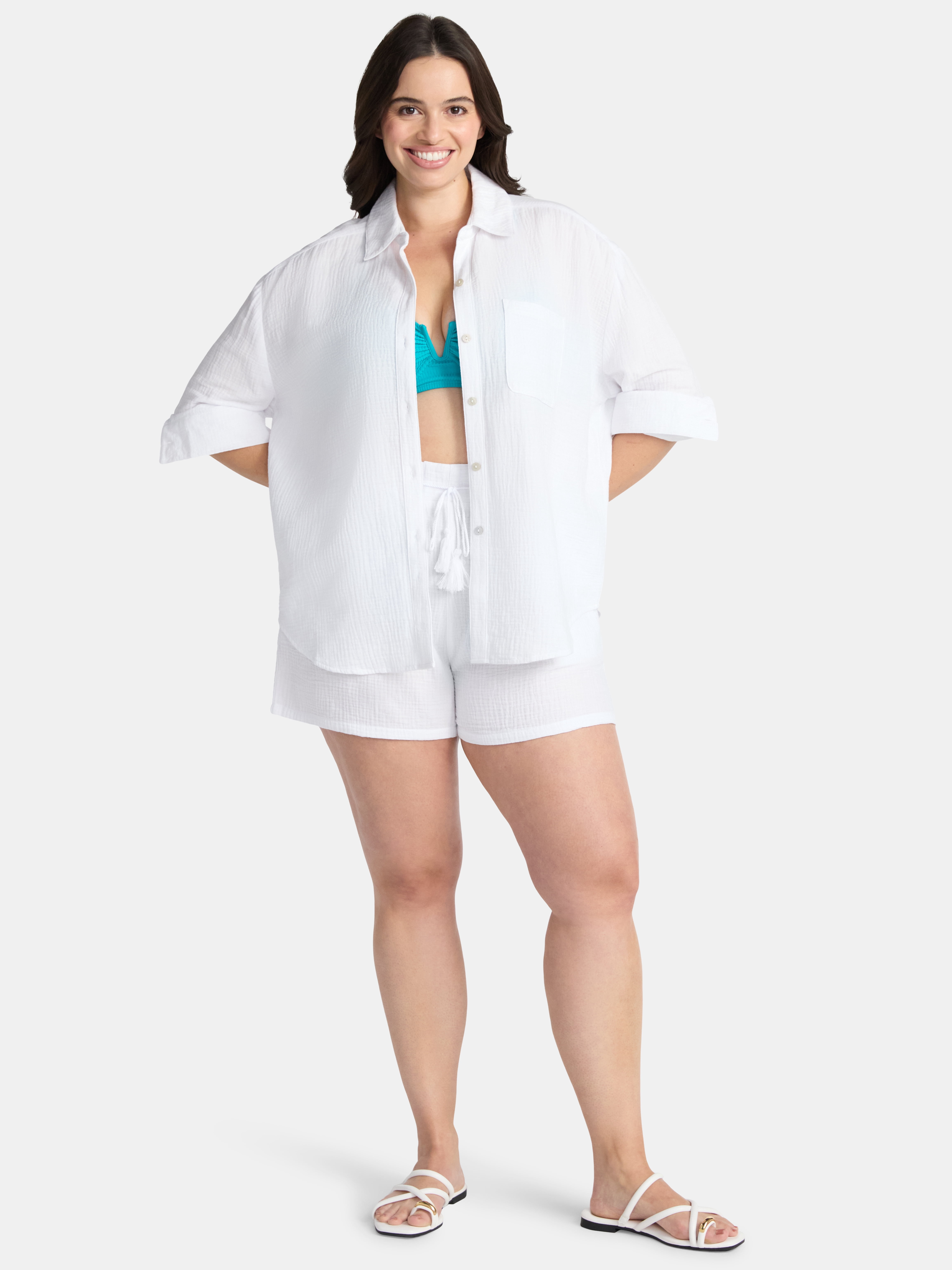 Time and Tru Women's and Women's Plus Button Down Cotton Coverup Shirt, Sizes XS - 3X