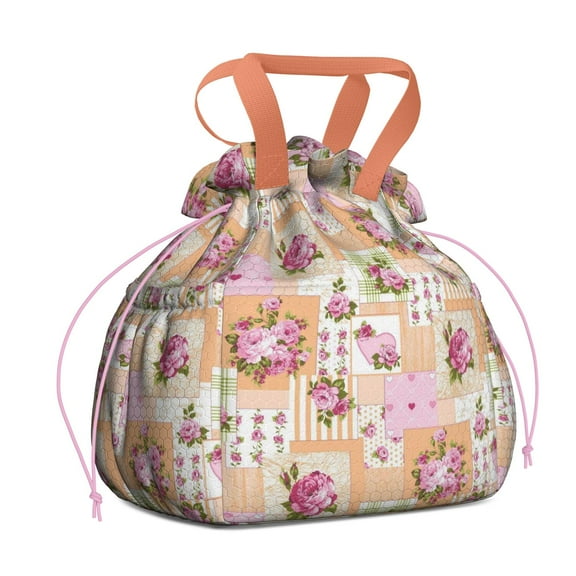 Pioneer Flower Drawstring Lunch Bag Women - Drawstring Lunch Bag Insulated for Work Office - Stain-Resistant Large Lunchbags for Women with Multi-Pockets