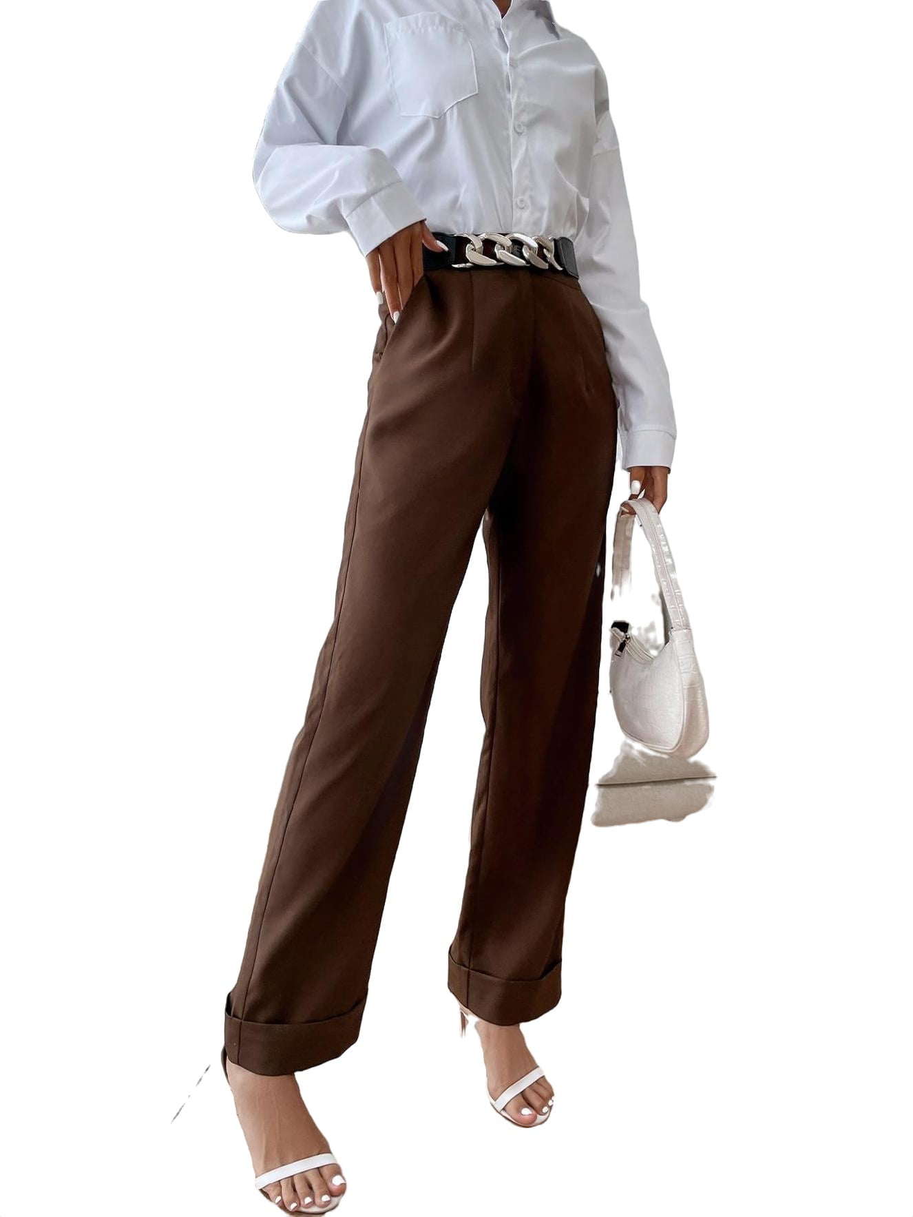 ANTIY Pants for Women - Solid High Waist Carrot Pants (Color : Coffee  Brown, Size : Large)