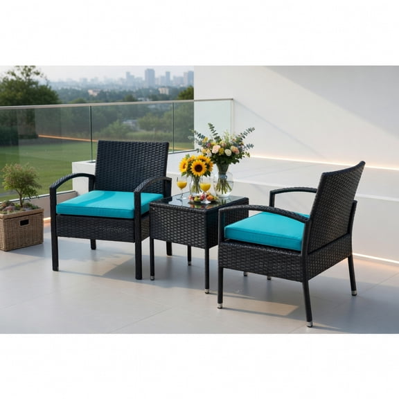 Topcobe 3 Piece Wicker Patio Furniture Set, Wicker Outdoor Sectional with Washable and Removable Cushion for Patio, Turquoise